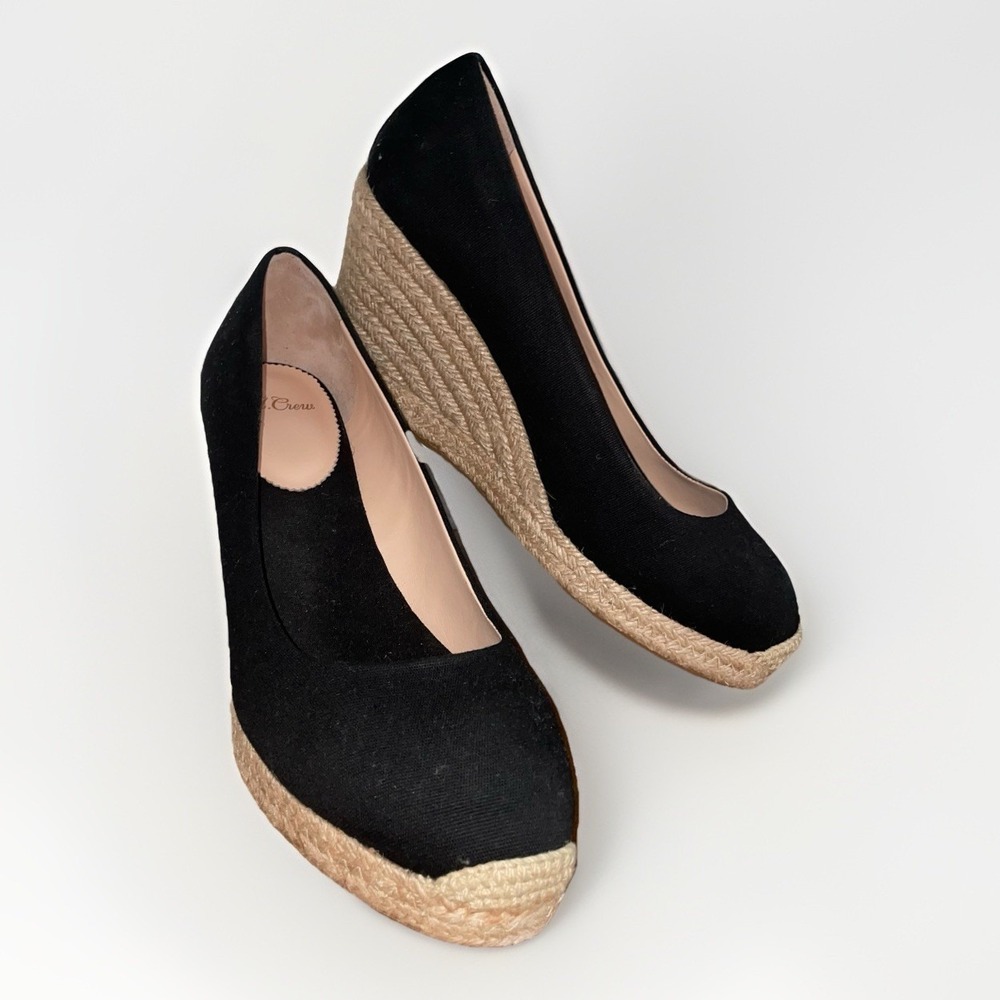 J. Crew Black Canvas Espadrille Wedge Heeled Shoes Size: 10 Excellent Condition